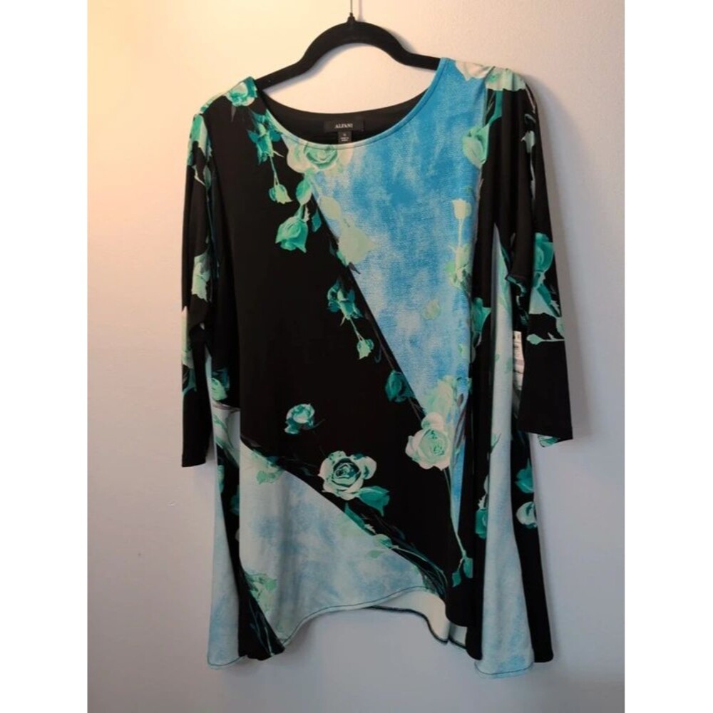 NWT Alfani Black & Aqua Blue Floral Asymmetric Tunic Blouse Top - Size Xl